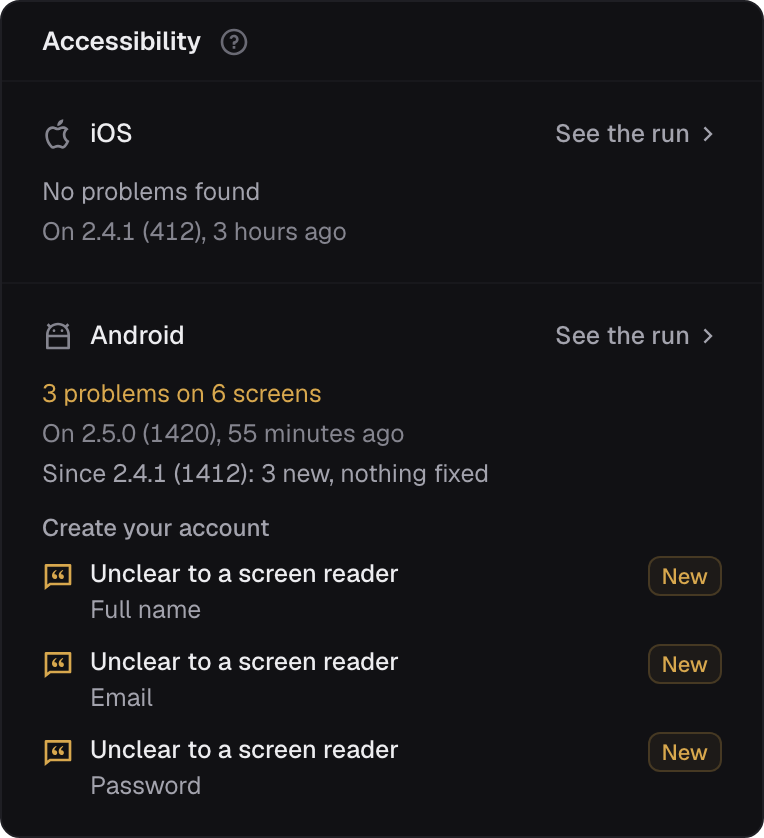 A journey's accessibility report: no problems on iOS, and 3 problems on 6 screens on Android, each new on this build and unclear to a screen reader.