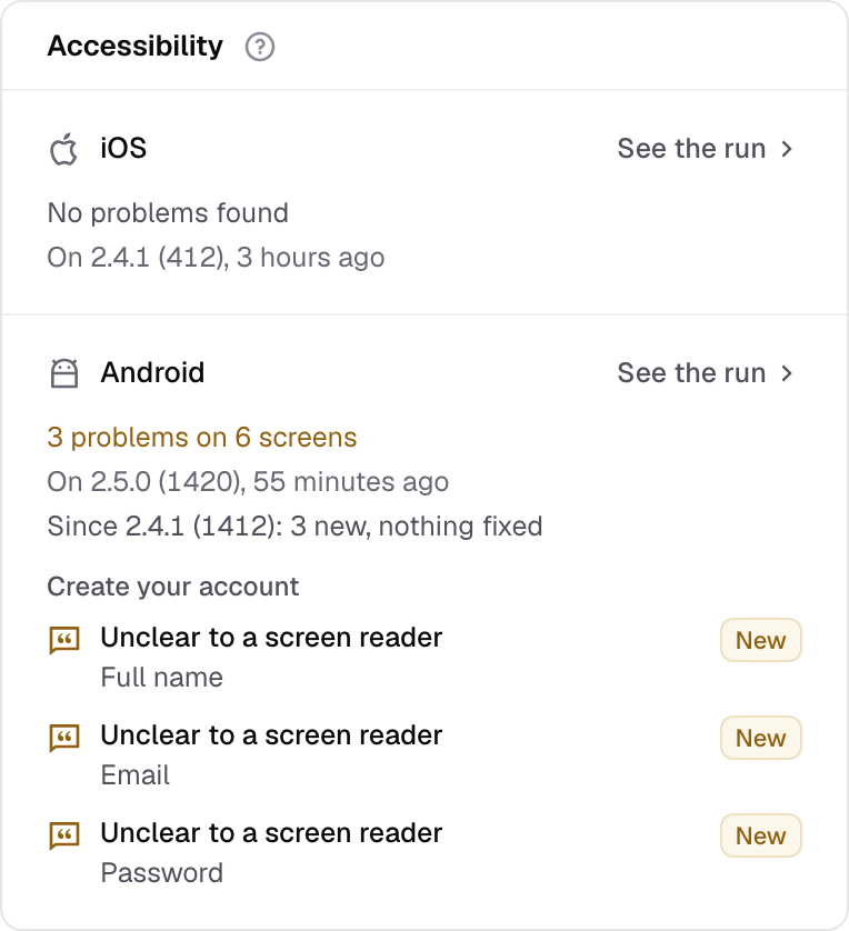 A journey's accessibility report: no problems on iOS, and 3 problems on 6 screens on Android, each new on this build and unclear to a screen reader.