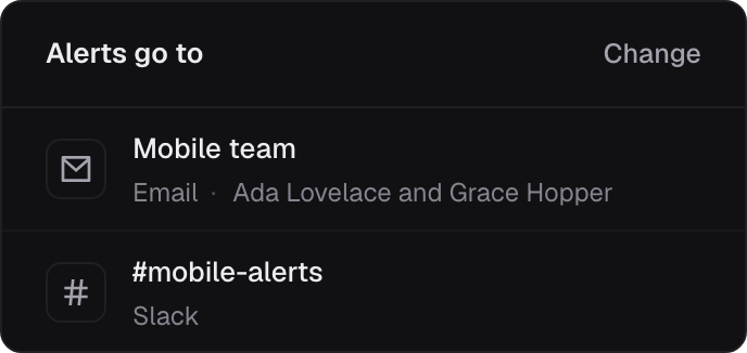 Where a check's alerts go: the mobile team by email, and the #mobile-alerts channel in Slack.