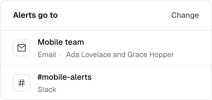 Where a check's alerts go: the mobile team by email, and the #mobile-alerts channel in Slack.