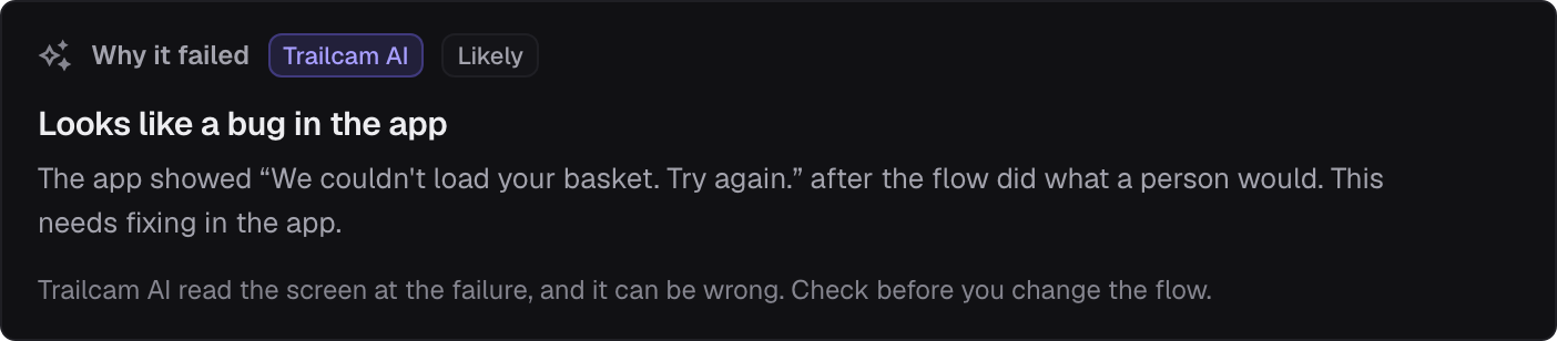 Trailcam AI's view of a failure: looks like a bug in the app, likely. The app showed “We couldn't load your basket. Try again.” after the flow did what a person would.