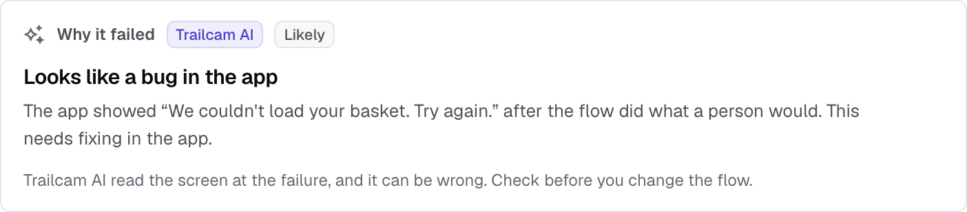 Trailcam AI's view of a failure: looks like a bug in the app, likely. The app showed “We couldn't load your basket. Try again.” after the flow did what a person would.
