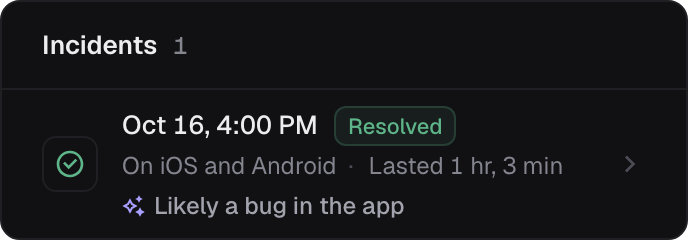 A check's incidents: one on October 16, on iOS and Android, resolved after 1 hour and 3 minutes, likely a bug in the app.