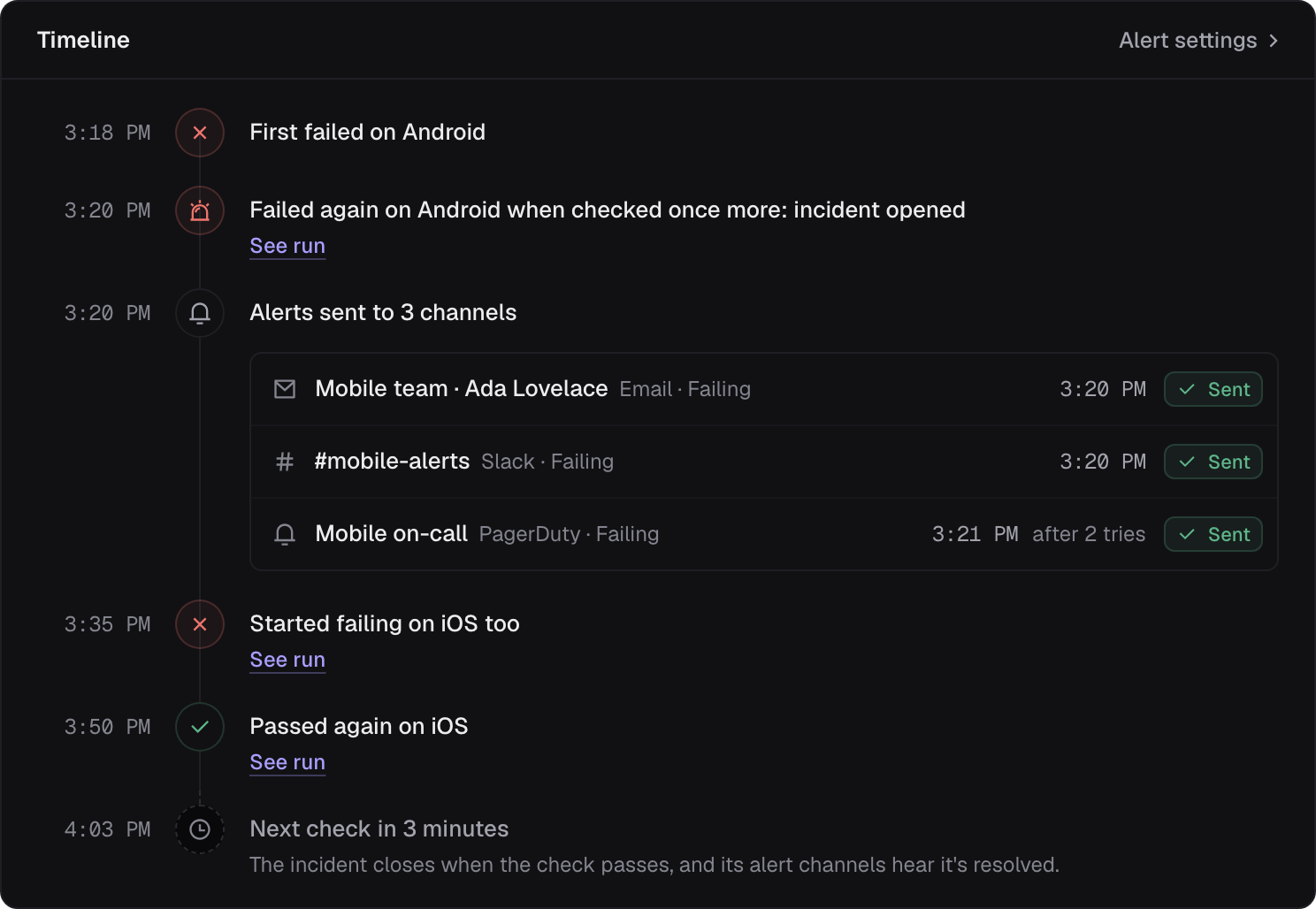 An incident's timeline: first failed on Android, failed again when checked once more and the incident opened, alerts sent to email, Slack and PagerDuty, then failing on iOS too and passing again.